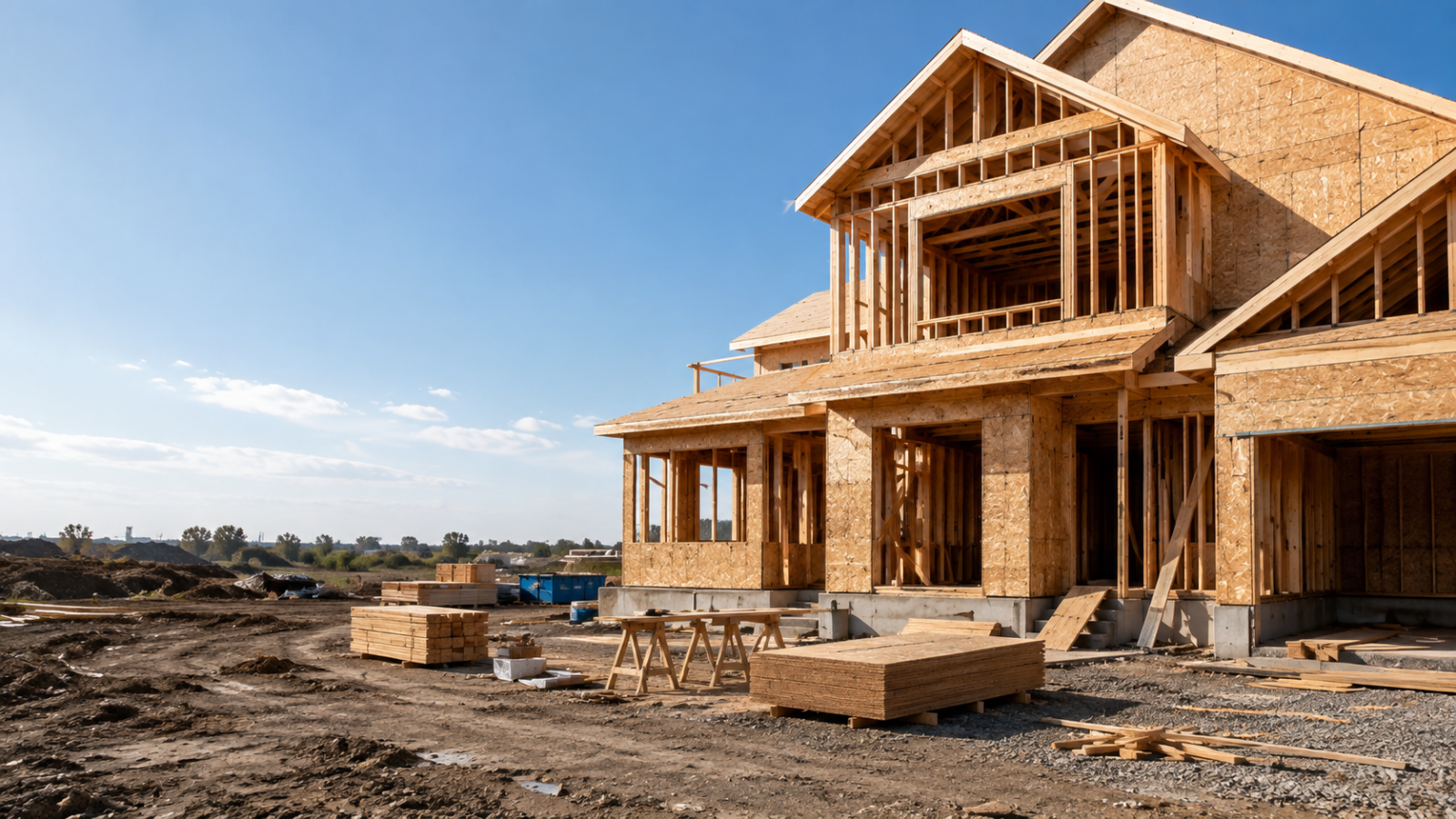 Residential construction project with wood framing and exterior sheathing on an active jobsite