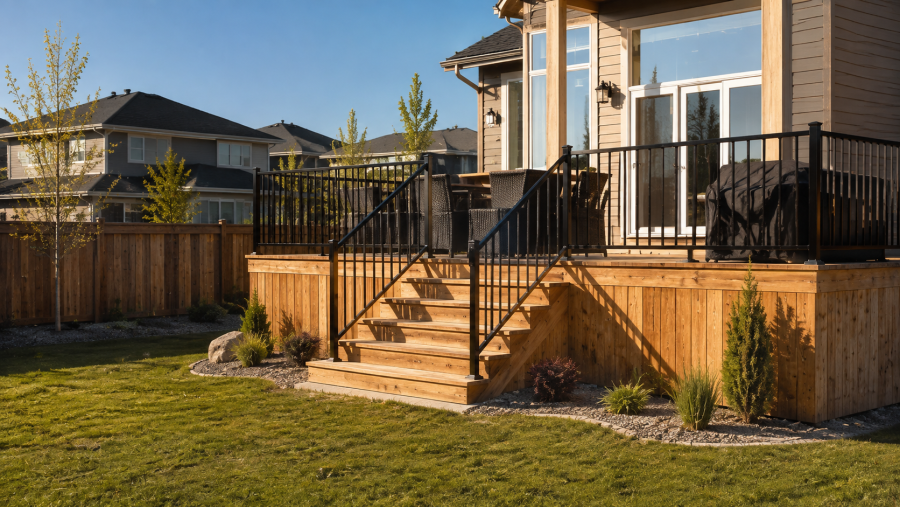 Modern backyard deck with stairs and black railings